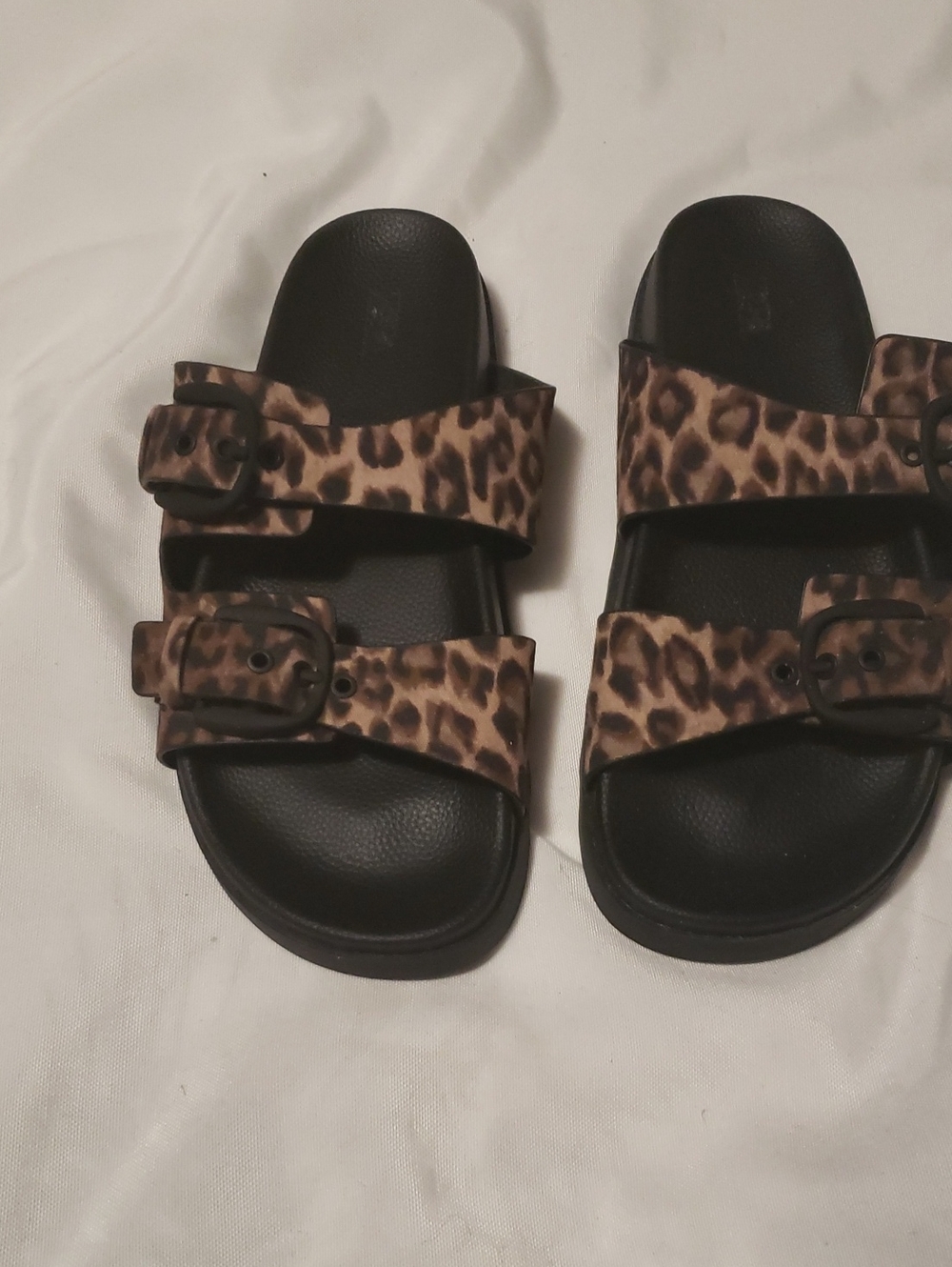 Zara Leopard Print Buckle Slide Sandals in Brown and Black